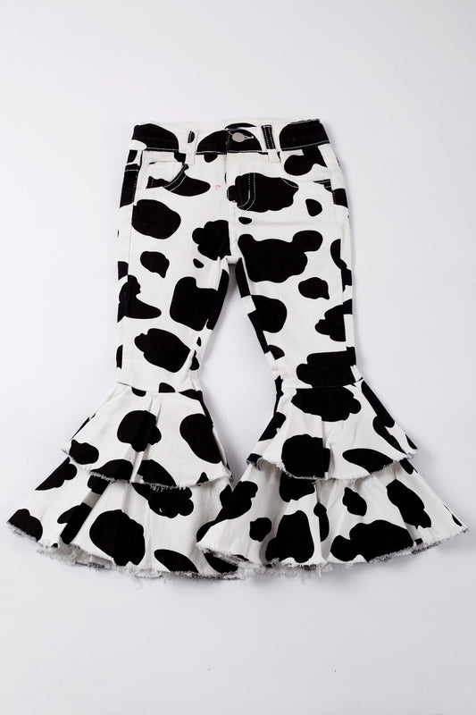 Black & White Cow Print Denim Flare Pant