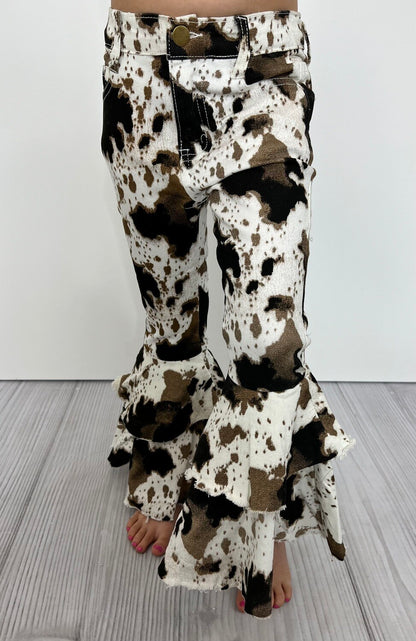 Multi Cow Print Denim Flare Pant