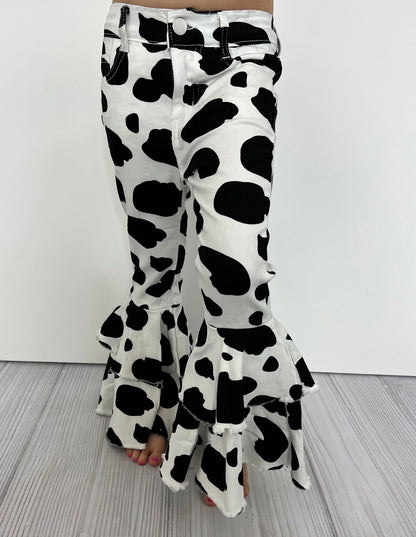 Black & White Cow Print Denim Flare Pant