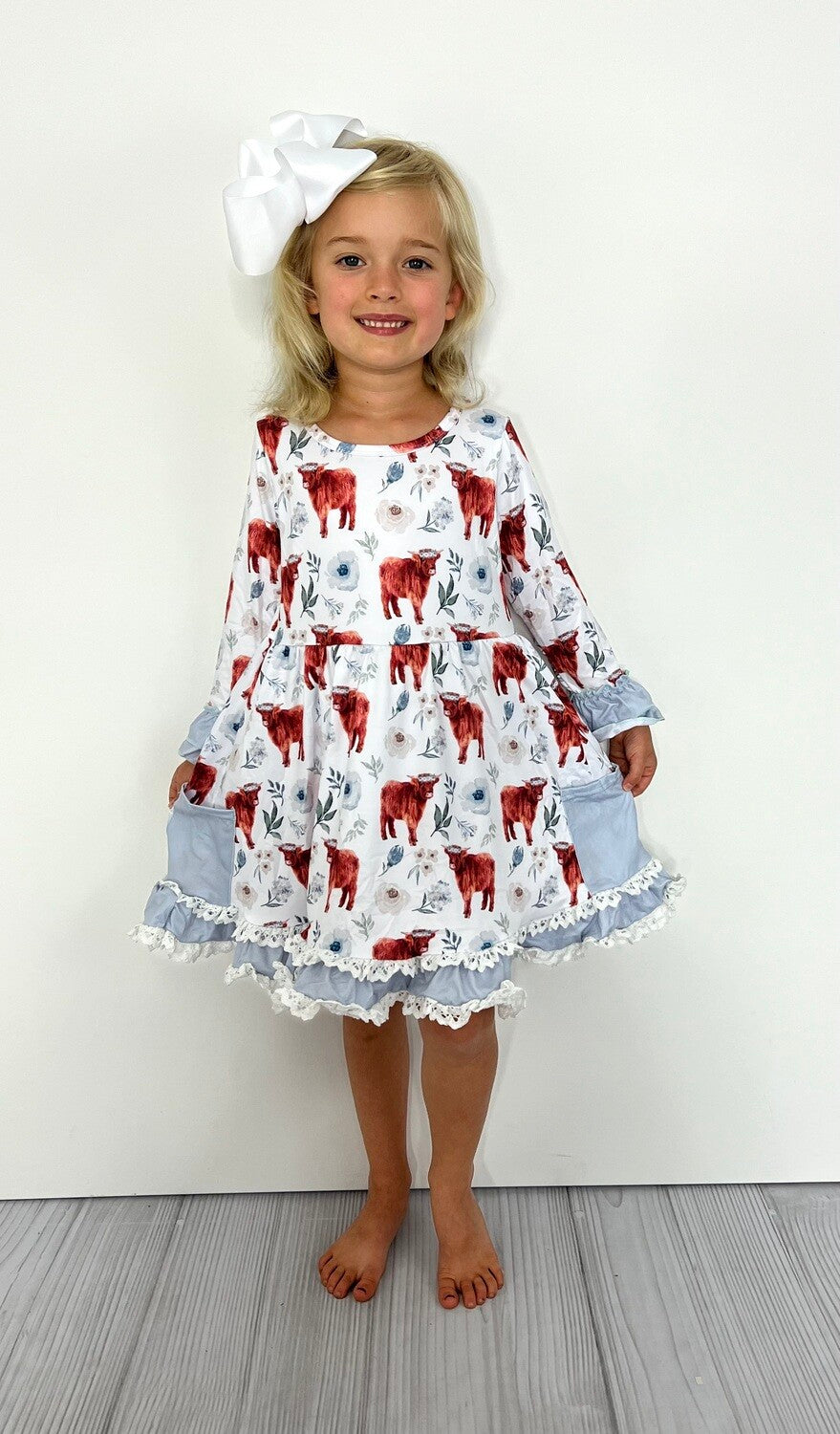 Baby Blue Highland Cow Long Sleeve Dress