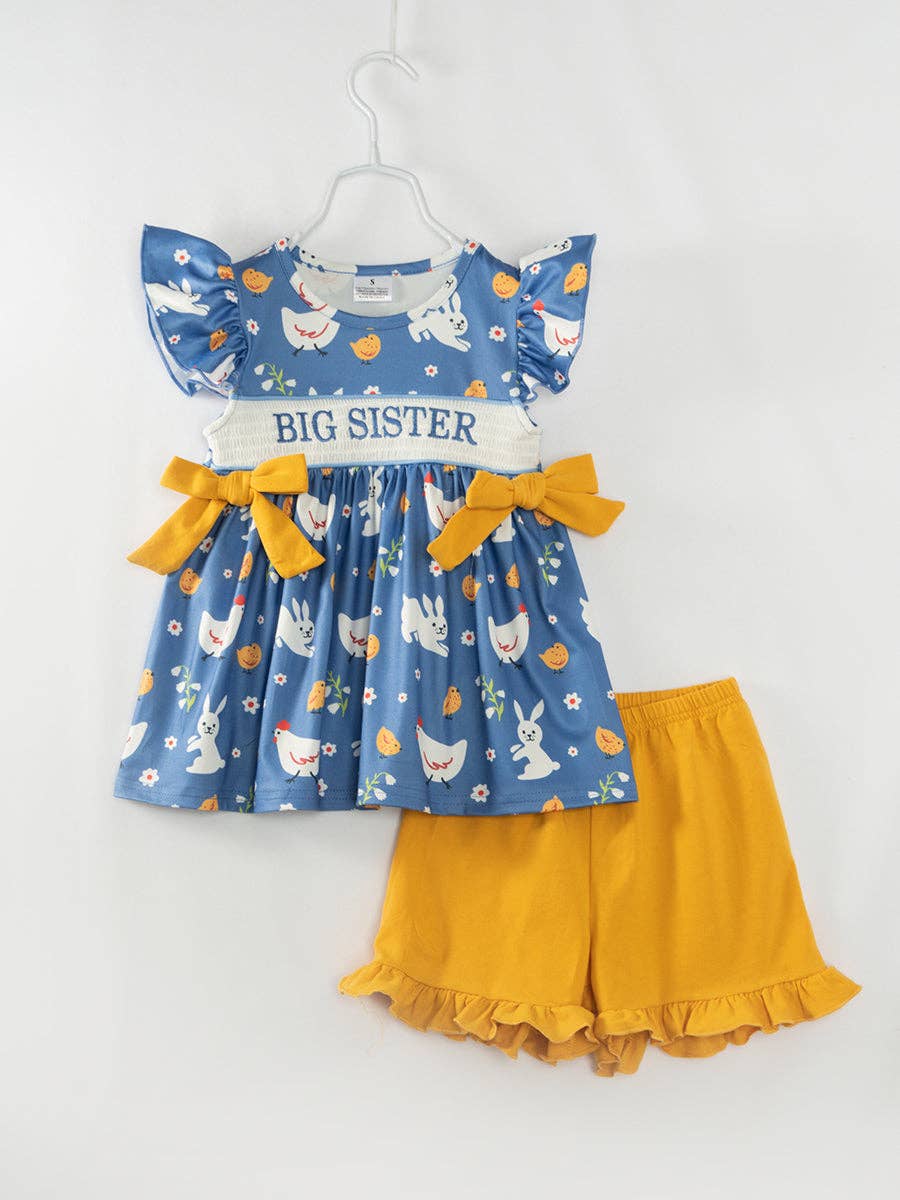 Blue Chicken BIG SISTER Ruffle Smocked Girl Short Set