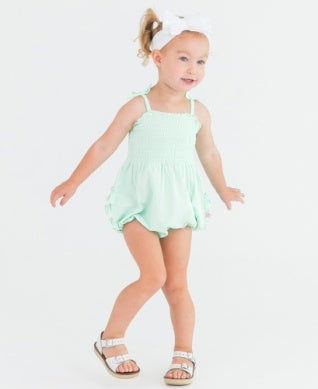 Mint Smocked Tie Knit Bubble Romper