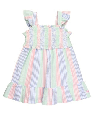 Multi-color Seersucker Smocked Flutter Strap Dress