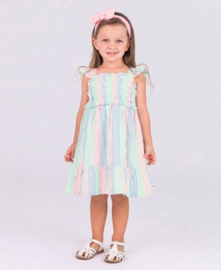 Multi-color Seersucker Smocked Flutter Strap Dress