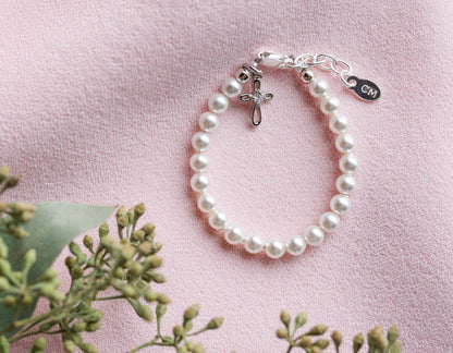 Girls Silver Pearl Baby Baptism Bracelet